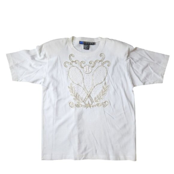 Vintage IB Diffusion Tennis Theme Tee White Embroidered Beaded Shirt Medium 90s - Picture 1 of 5